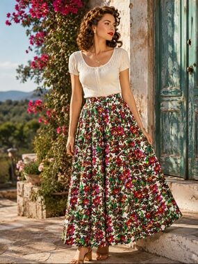 ELITE FLORAL VINTAGE 100% silk , pleated maxi skirt. Sz. 14